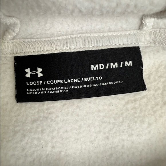Under Armour White Logo Tape Hoodie Loose Fit Women’s Medium Athleisure Fleece - Picture 7 of 12